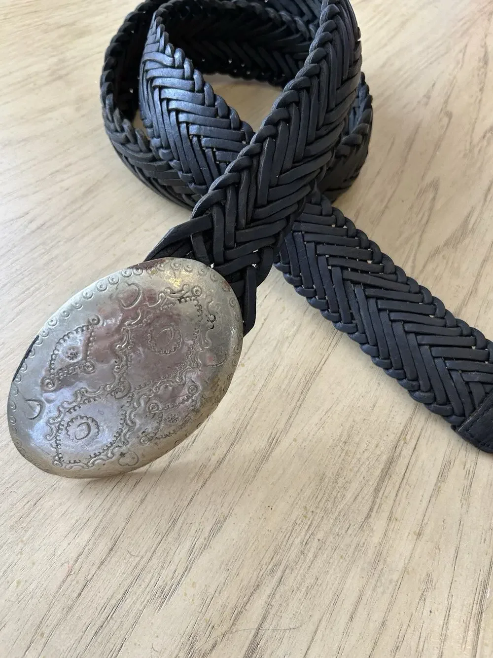VTG 70s Moroccan Belt Boho Braided Leather BLACK Handmade Silver Buckle Gypsy